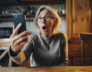 Senior woman shocked while looking at smartphone in warm indoor kitchen