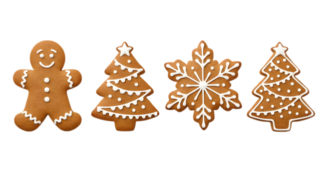 Gingerbread Cookies Set – Christmas Tree, Snowflake & Gingerbread Man Decorations PNG isolated on transparent background