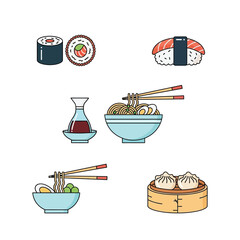 Delicious Asian Cuisine Sushi, Ramen, Dumplings, and More - A Colorful Icon Set for Food Lovers