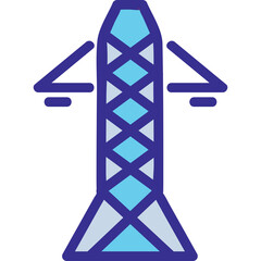 Blue and Gray Lattice Power Line Tower Structure with Isolated Transparent Background Simple Icon