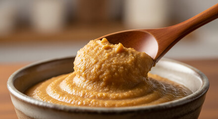 Wooden Spoon Scooping Fresh Miso Paste from Ceramic Bowl