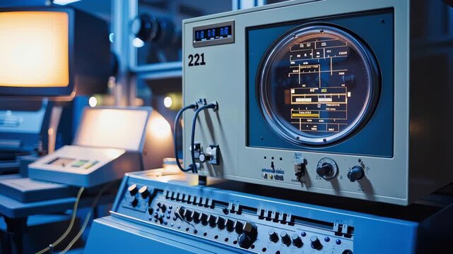 Retro computer lab vintage terminal analog monitor control panel circuit display glowing screen blue light data center cyberpunk nostalgia