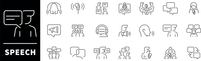 Speech icon set. Thin line icons set related to speech and talking. Communication related icons. Speech, talk, discussion, speech bubble, dialog vecor icons