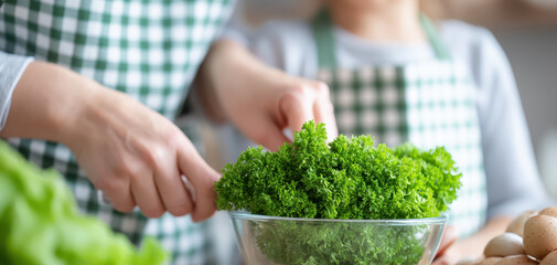 Fresh herbs are being chopped in kitchen, showcasing authentic family moment filled with love and togetherness. vibrant green parsley adds touch of freshness to cooking experience
