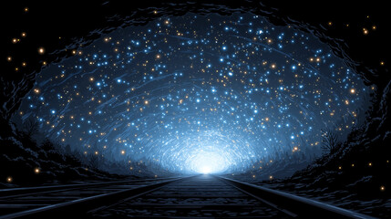 Celestial Tunnel: An ethereal tunnel formed by light, stretching into infinity with a dazzling display of stars, a mysterious pathway. 