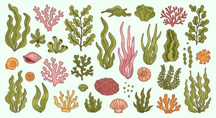 Doodle style illustration featuring diverse marine flora and fauna elements, perfect for background