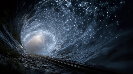 A Cosmic Journey Through the Tunnel: Capturing the essence of a mysterious tunnel, a symphony of stardust and nebulous light guides the path forward.