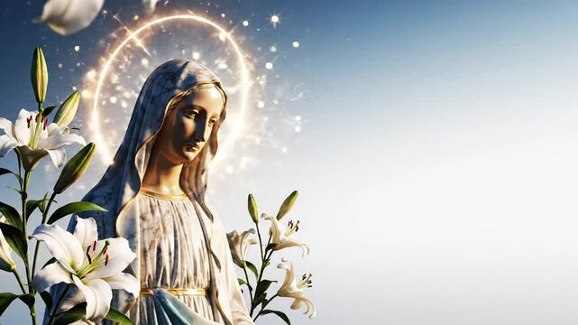 Feast of Immaculate Conception banner video, glowing statue of Virgin Mary with serene expression, soft halo light behind her, gentle floating white lilies