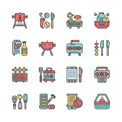 Vibrant collection of colorful line icons for barbecue, grilling essentials, outdoor cooking equipment, and picnic food preparation tools, perfect for culinary designs