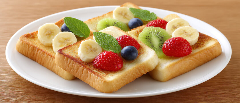 Delicious authentic toast topped with fresh family friendly fruits like bananas strawberries blueberries and kiwis creates vibrant and inviting breakfast experience