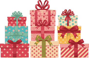 A collection of festive gift boxes stacked in three columns, adorned with ribbons and bows, perfect for celebrations and special occasions
