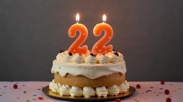 Decorated cake with candle in number 22. Video for birthday or anniversary party and celebration - Powered by Adobe