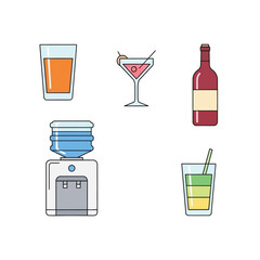 Refreshing beverage and water cooler vector illustrations, featuring diverse drinks from fruit juice to cocktails and wine, in a clean line art style