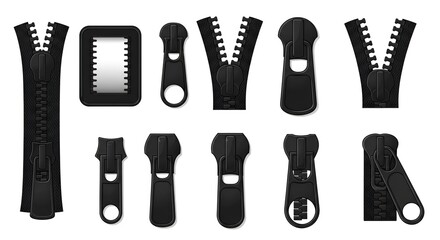 Different types of black zipper, ideal for fashion design projects and sewing concepts