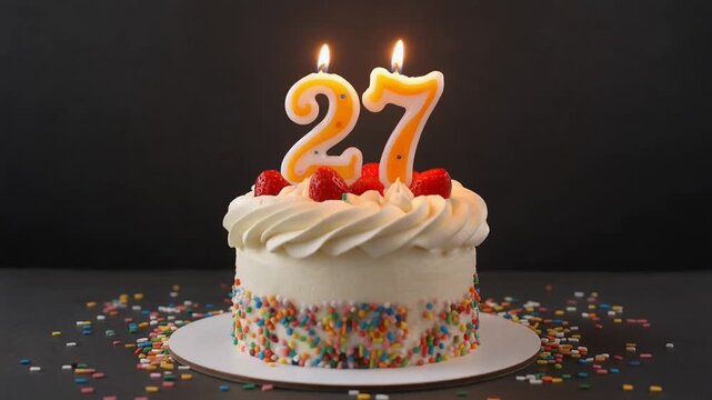 Decorated cake with candle in number 27. Video for birthday or anniversary party and celebration