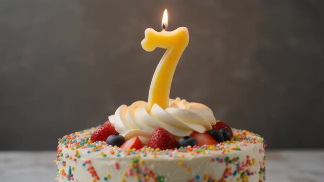 Decorated cake with candle in number 7. Video for birthday or anniversary party and celebration