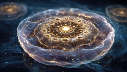 Glowing ethereal cell-like structures with intricate details, floating in a dark, starry expanse