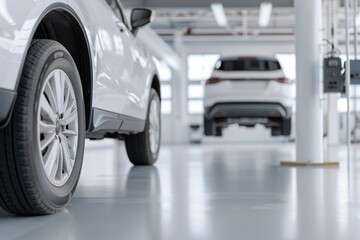 In a well-lit service bay, a lifted SUV is showcased with ample daylight illuminating the area. The space reflects a clean and organized environment for vehicle maintenance