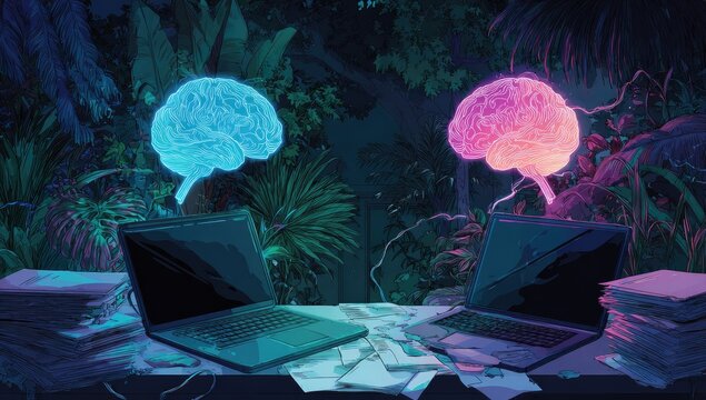 Two laptops sit on a cluttered desk with glowing brain icons in a dark, lush environment