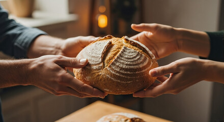 Fresh baked bread with cracked crust being exchanged, sharing bread. Warm homemade bread transfer signifies hospitality and communal spirit, sharing bread is a metaphor for togetherness.