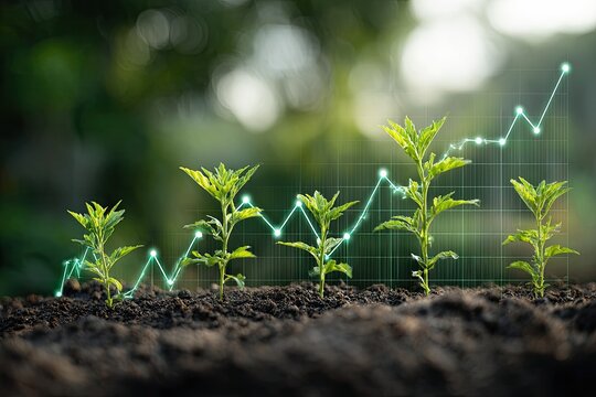 Growing green plants symbolizing financial growth with an overlaid upward trendline