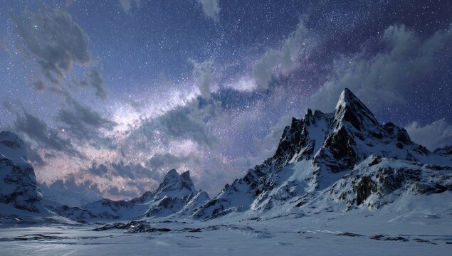 Snowy mountain range under a starry night sky with clouds and a hint of sunrise glow