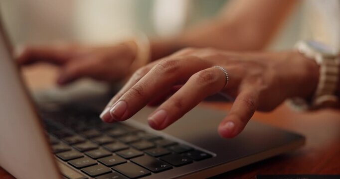Hands, laptop and report with designer person at table in home for remote work as entrepreneur. Computer, design and typing with freelance employee in apartment for startup planning or research