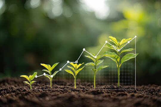 Growing plants in soil with an overlaid line graph showing increasing progress