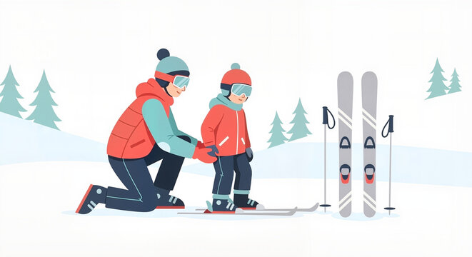 Vector illustration of a parent helping a child with equipment during a family skiing trip. For travel agencies, parenting blogs, and winter sports tutorials.