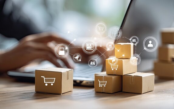 Person using a laptop with cardboard boxes and connected shopping icons
