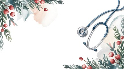 Blue stethoscope rests near sprigs of berries and evergreen needles on white backdrop