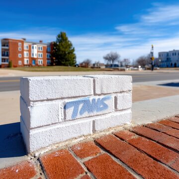 A close-up of a white brick wall with a blue graffiti tag reading 'TNGS' is in the foreground. In the blurred background, there are brick buildings, trees, a st