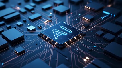 Glowing AI neon letters light a modern circuit board, creating a future tech scene