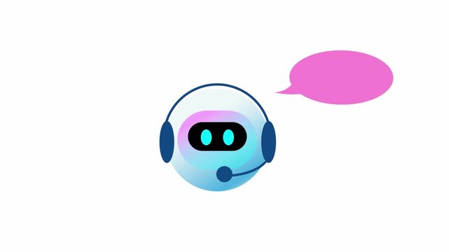 Animated AI Chatbot Icon with Headset and Speech Bubble on White Background.