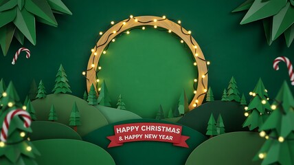 Lush green Christmas forest featuring candy canes, trees, and a glowing circular frame