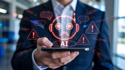 Man holds smartphone displaying warning signs around a sad AI bot interface hologram