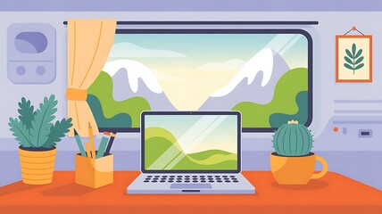 Open laptop displaying landscape sits on desk near plant and window view of mountains