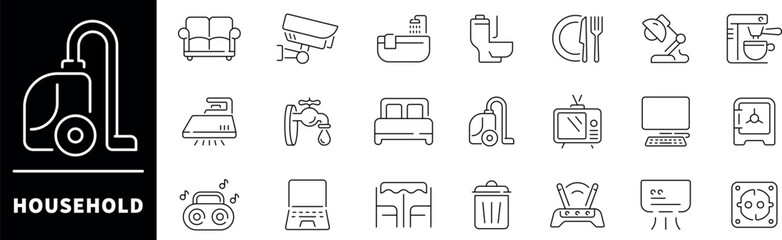 Household icon set. Thin line icons set related to Household and home. Household icons collection in line style.