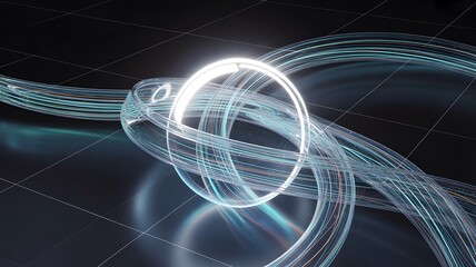 Glowing Ring and Swirling Light Trails on Grid Surface