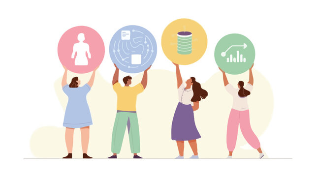 A vibrant banner design featuring a group of four diverse figures with one individual prominently holding a bright pink object suitable for advertisements and promotions