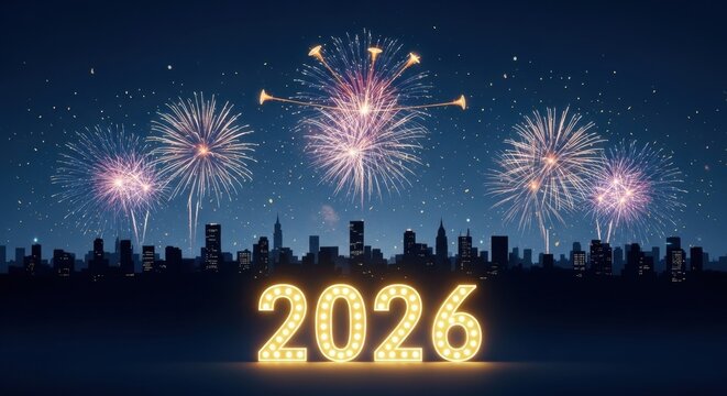 Fireworks over cityscape with 2026 year display
