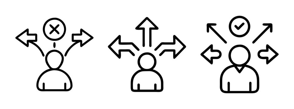 Decision making process and choice selection concept with arrows pointing in different directions
