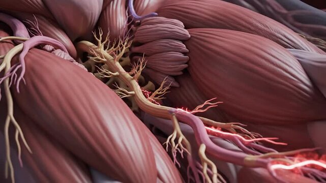 Detailed 3D animation of a nerve impulse traveling through a human muscle illustrating the complex biological processes of neural communication and muscular contraction.
