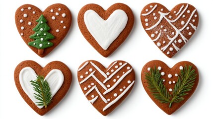 Fototapeta premium A row of gingerbread cookies with white icing and green leaves on them. The cookies are shaped like hearts and are decorated with a Christmas tree