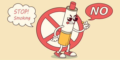 Bold cartoon cigarette character warns against smoking addiction, urging a healthy lifestyle with a strong anti-smoking message for public health campaigns