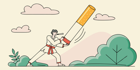 Empowered martial artist throws away cigarette in a commitment to a healthy lifestyle and wellness, showing strength, determination, and a positive choice