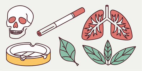 Quit Smoking Now: Graphic Illustration About the Deadly Effects of Smoking Cigarettes on Lungs and Health, with a Skull, Cigarette, Lungs, Leaves and Ashtray