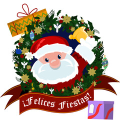 Guirlanda de Natal festiva com papai noel com sino e faixa em espanhol &ldquo;Felices fiestas&rdquo;