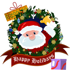 Guirlanda de Natal festiva com papai noel com sino e faixa em ingl&ecirc;s &ldquo;happy holidays&rdquo;