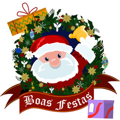 Guirlanda de Natal festiva com papai noel com sino e faixa em portugu&ecirc;s &ldquo;boas festas&rdquo;